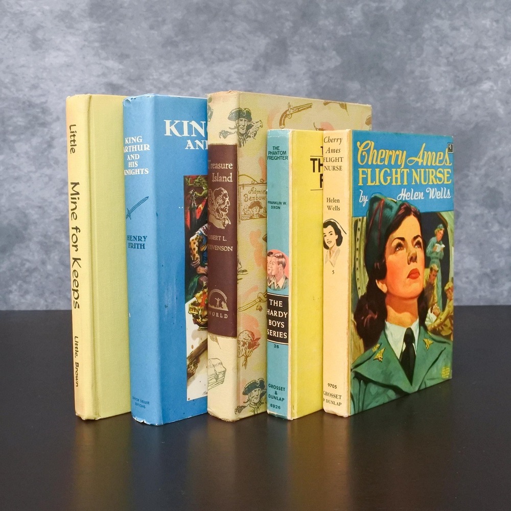 Vintage Youth Children's Hardcover Book Set Blue Yellow Fiction Stack